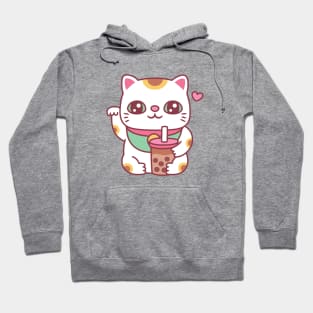 Cute Japanese Maneki Neko Cat With Bubble Tea Hoodie